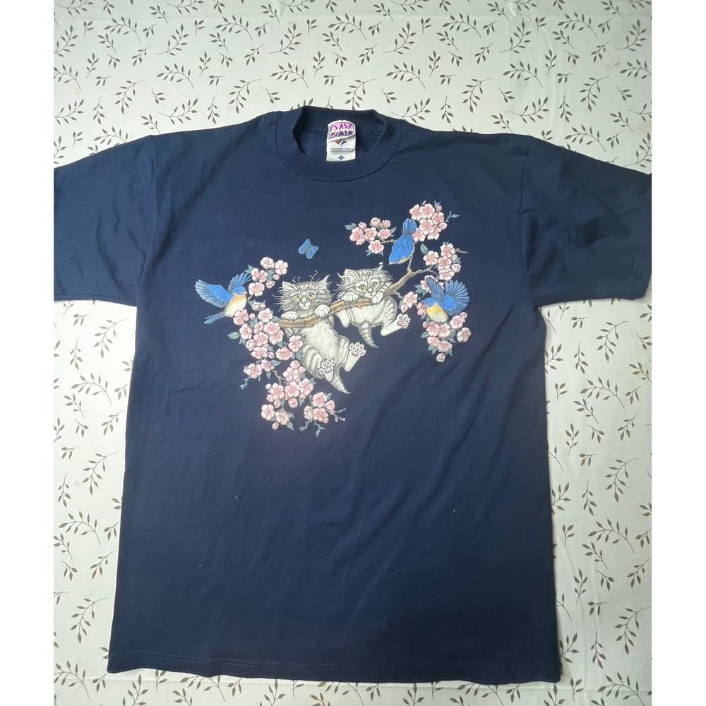 Vintage 90s Jerzees Daybreak Kittens Bluebirds T-Shirt Navy Blue USA Large